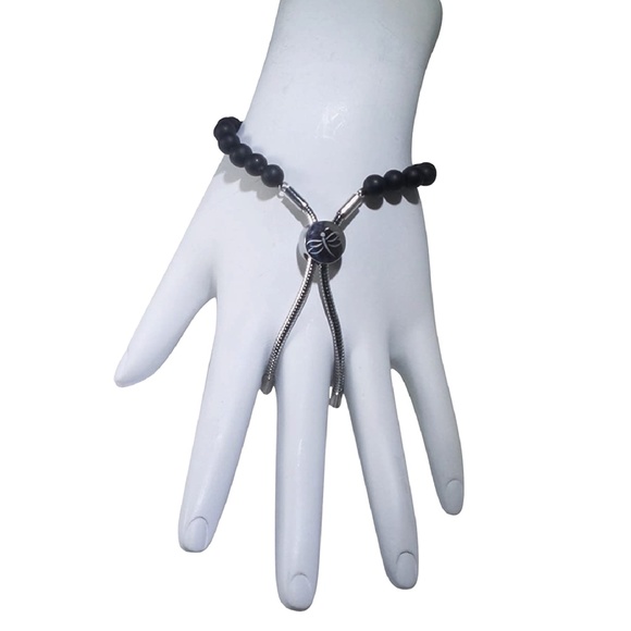 Black Agate Bracelet 5mm Beads Stainless Steel Unique Pull with Dragonfly Symbol - Picture 3 of 3